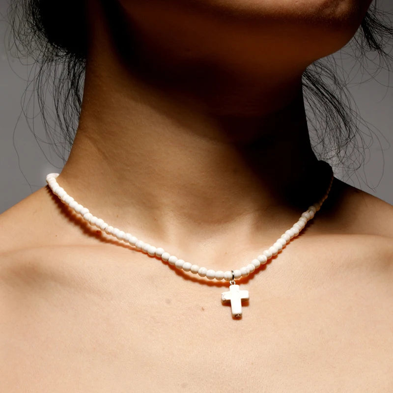Halskette Choker Anhänger Kreuz Natürlicher Stein Damen weiß