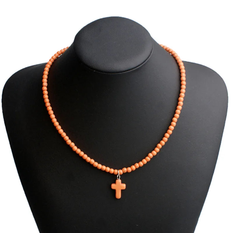 Halskette Choker Anhänger Kreuz Natürlicher Stein Damen orange