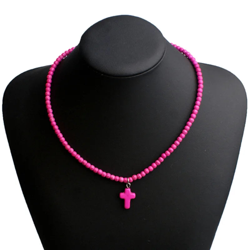 Halskette Choker Anhänger Kreuz Natürlicher Stein Damen rosa