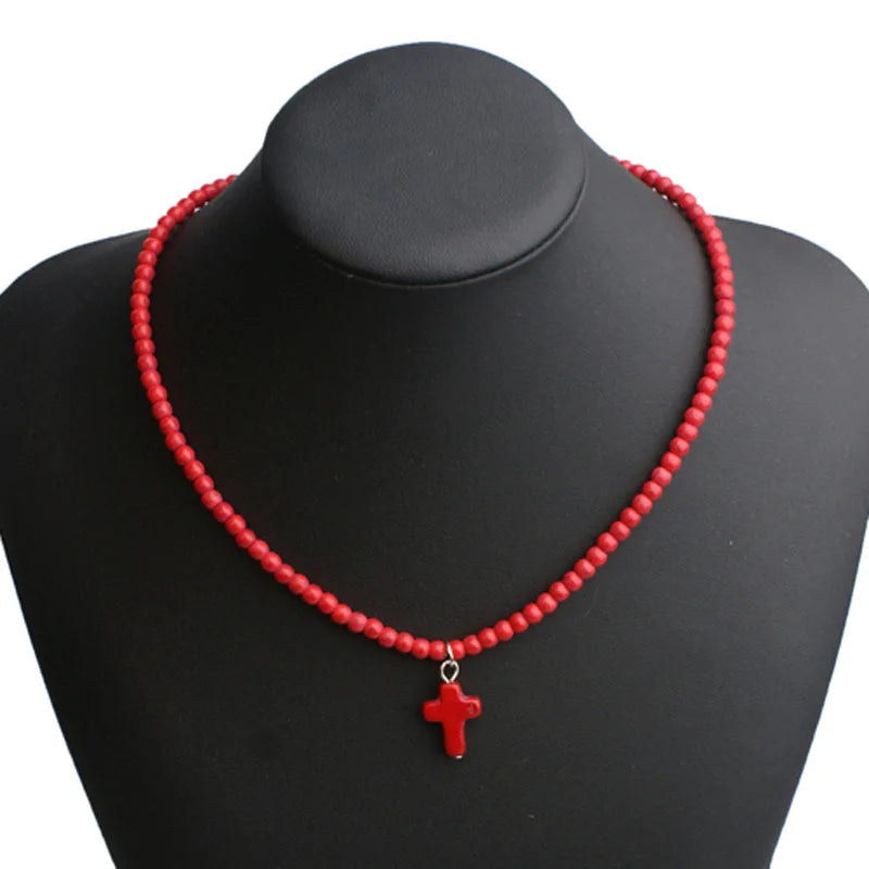 Halskette Choker Anhänger Kreuz Natürlicher Stein Damen rot