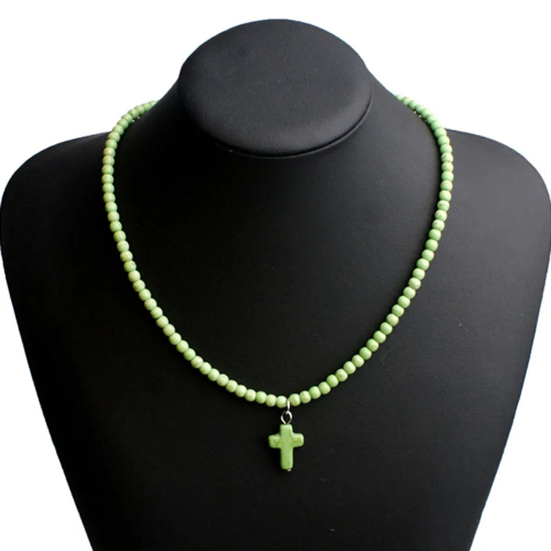 Halskette Choker Anhänger Kreuz Natürlicher Stein Damen grün