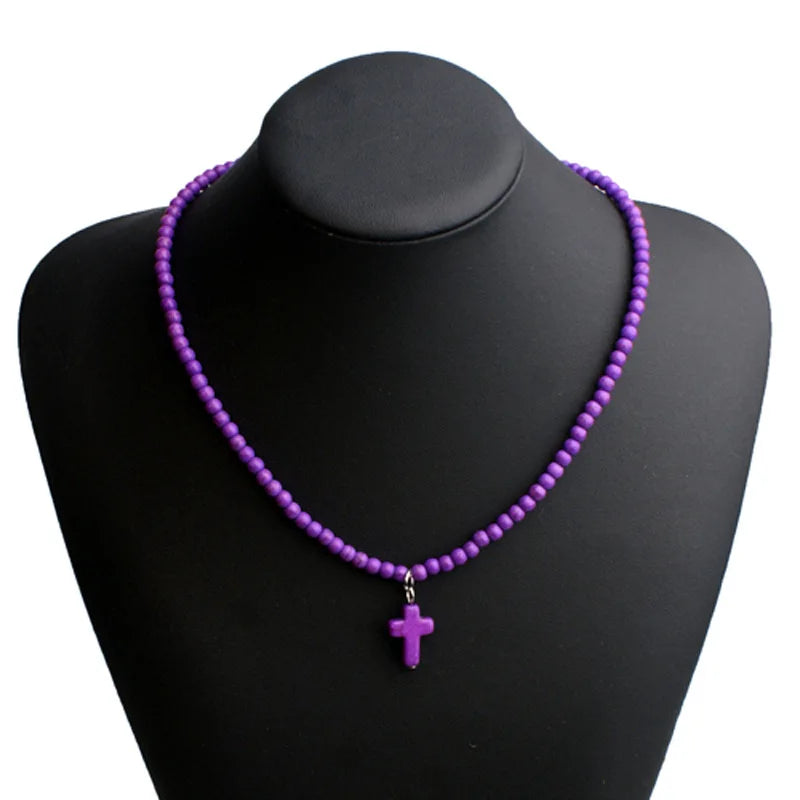 Halskette Choker Anhänger Kreuz Natürlicher Stein Damen violett