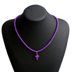 Halskette Choker Anhänger Kreuz Natürlicher Stein Damen violett