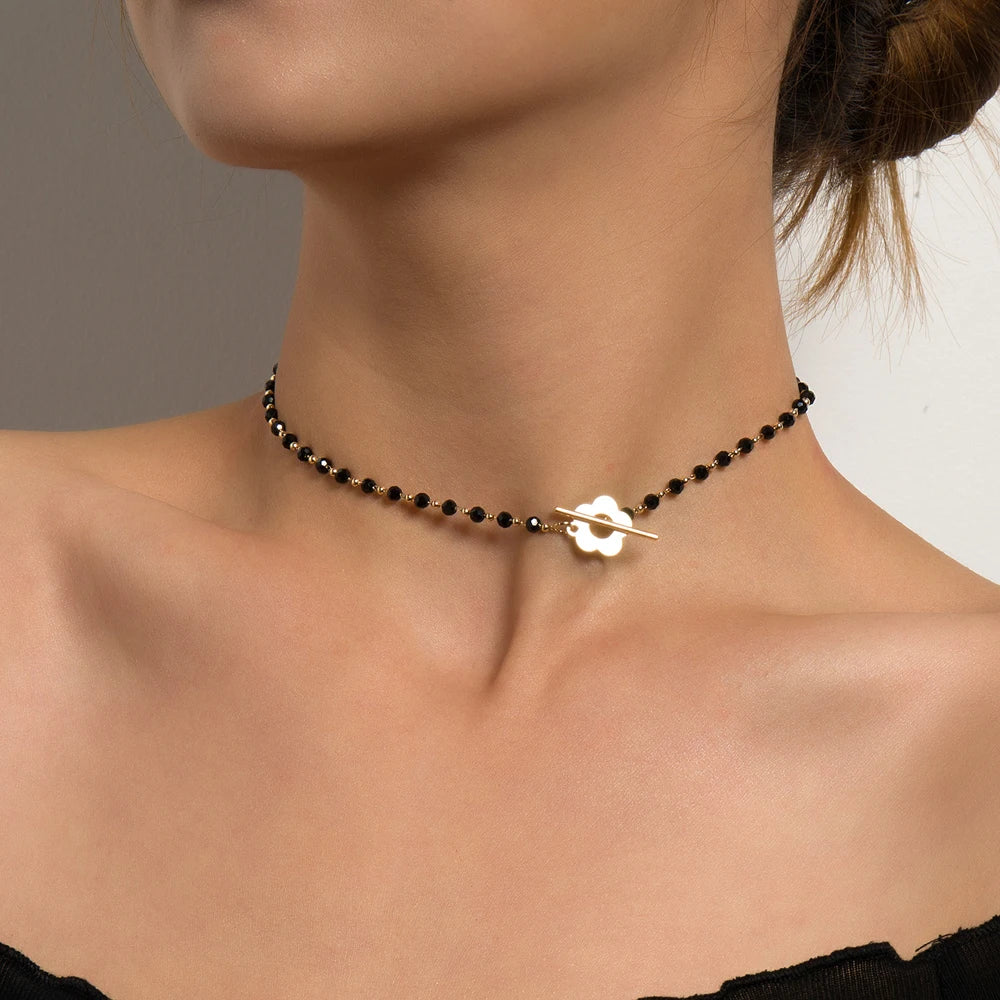 Halskette Choker Anhänger Blume schwarz und gold
