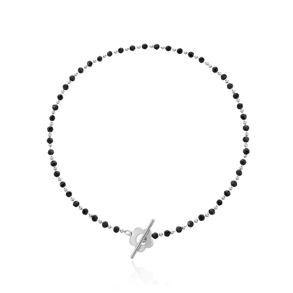Halskette Choker Anhänger Blume schwarz und silber