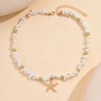 Weiße Choker-Halskette mit Muschel und Seestern, große Perlen