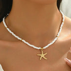Weiße Choker-Halskette mit Muschel und Seestern, feine Perlen