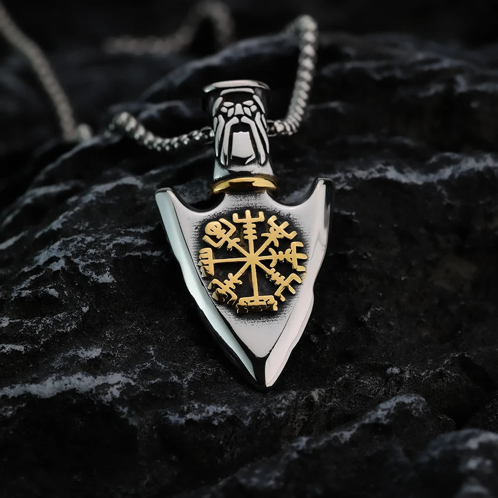 Wikinger-Halskette mit Vegvisir-Pfeil-Anhänger in Gold