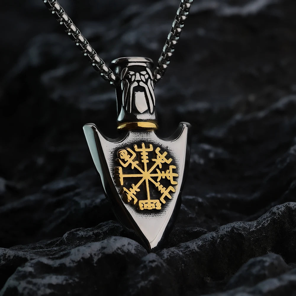 Wikinger-Halskette mit Vegvisir-Pfeil-Anhänger in Gold