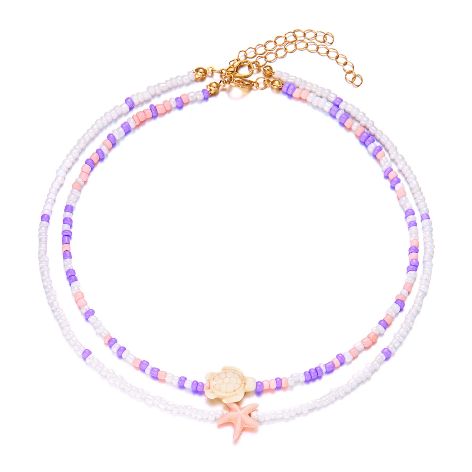 Doppelte Halskette mit Muschel und bunten Perlen, rosa