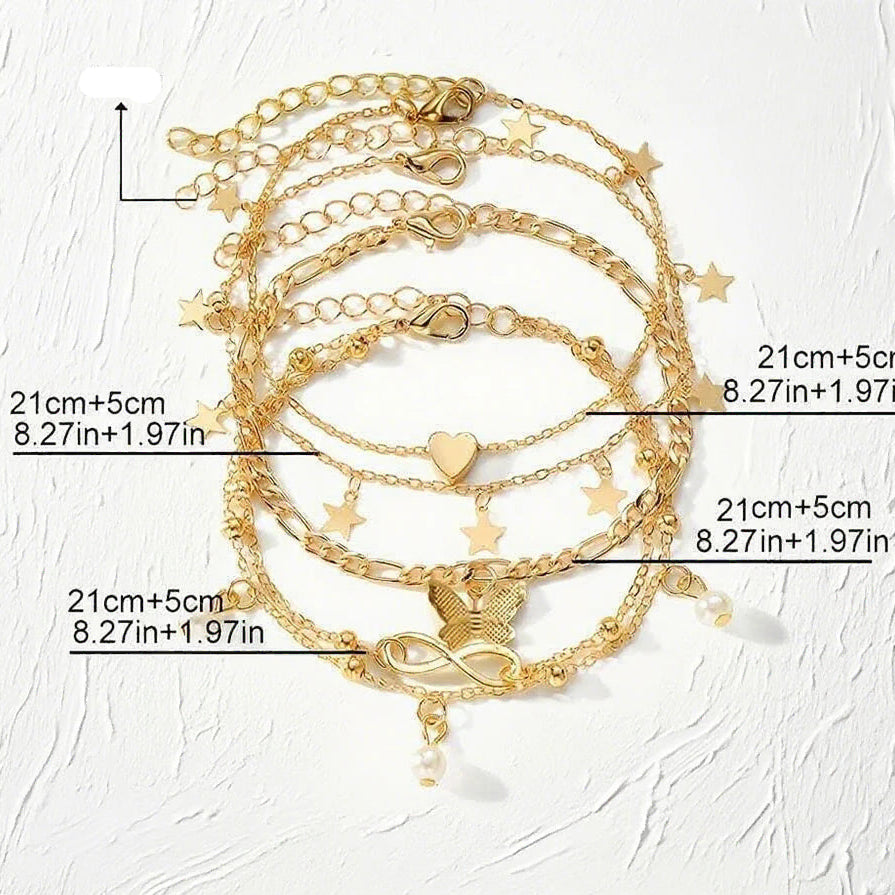 5er-Set Fußkettchen mit Stern, Unendlichkeit, Schmetterling, Perlen und Herz