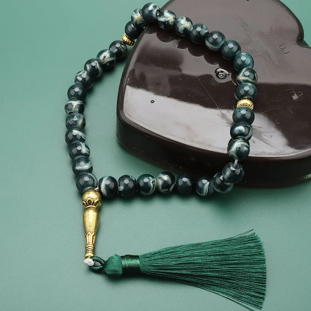 Tasbih Lang 33 schwarze Perlen - muslimische Gebetskette grün