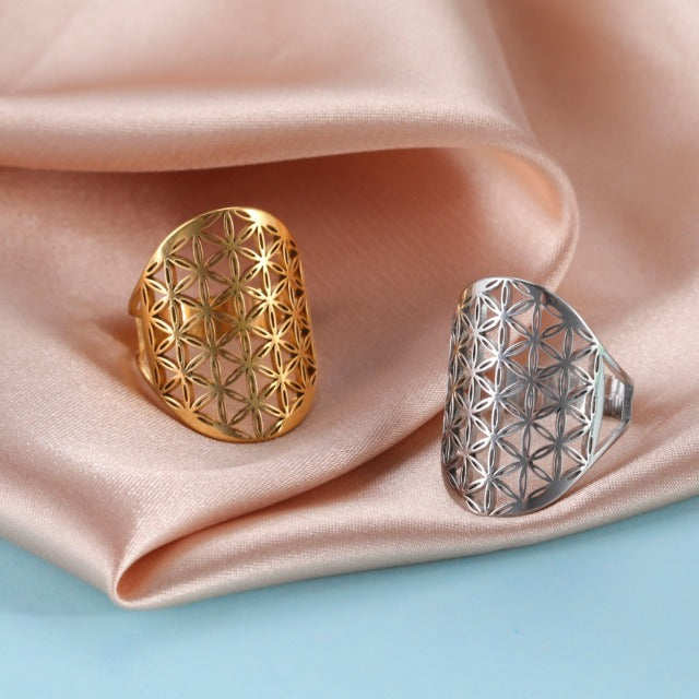 Ring Lebensblume Dawapara Mandala Gold und Silber