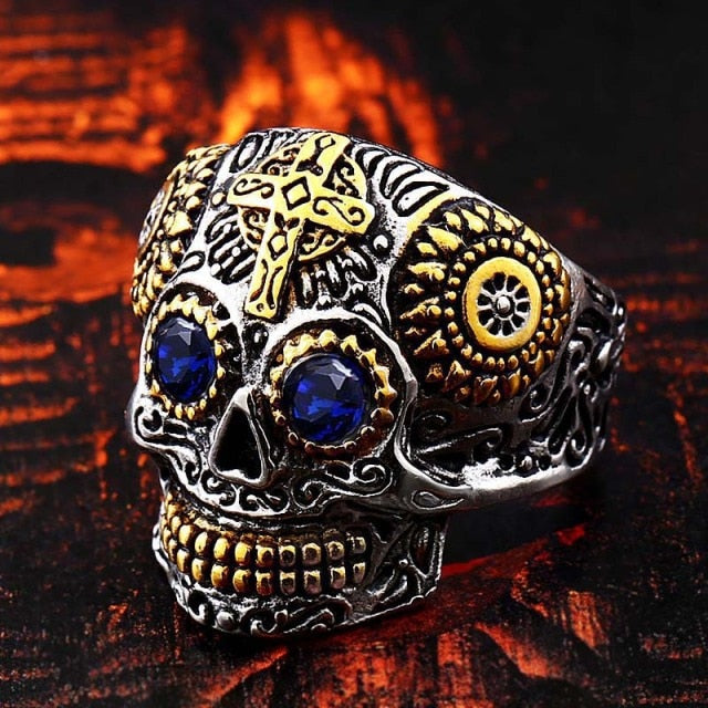 Mexikanischer Totenkopfring mit blauen Augen