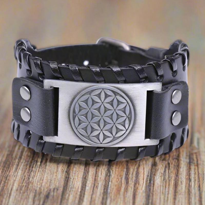 Lederarmband Lebensblume Schwarz für Herren