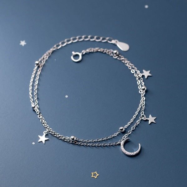 Mond- und Stern-Armband Damen Silber Gourmette