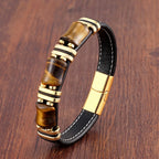 Armband mit Tigerauge-Stein und goldenem Leder-Gourmette