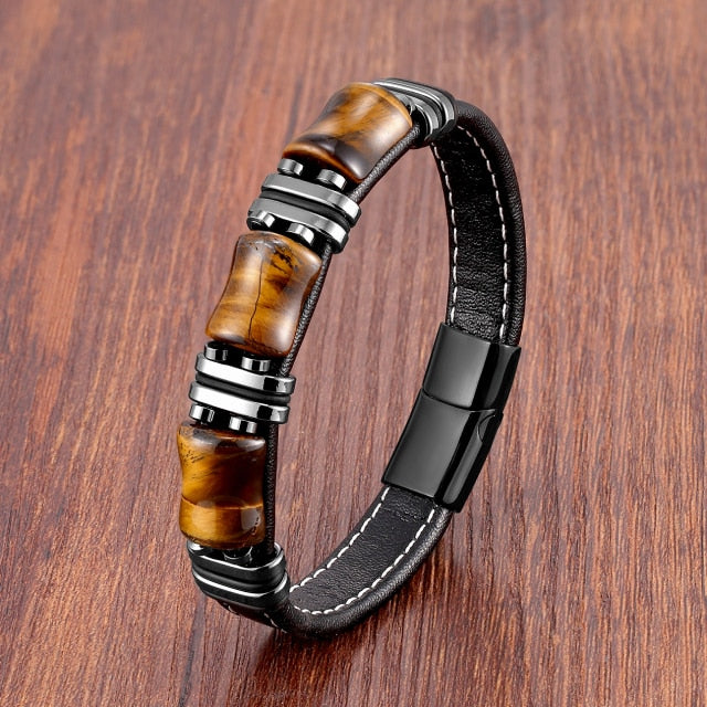 Armband mit Tigerauge-Stein und schwarzem Leder-Gourmette